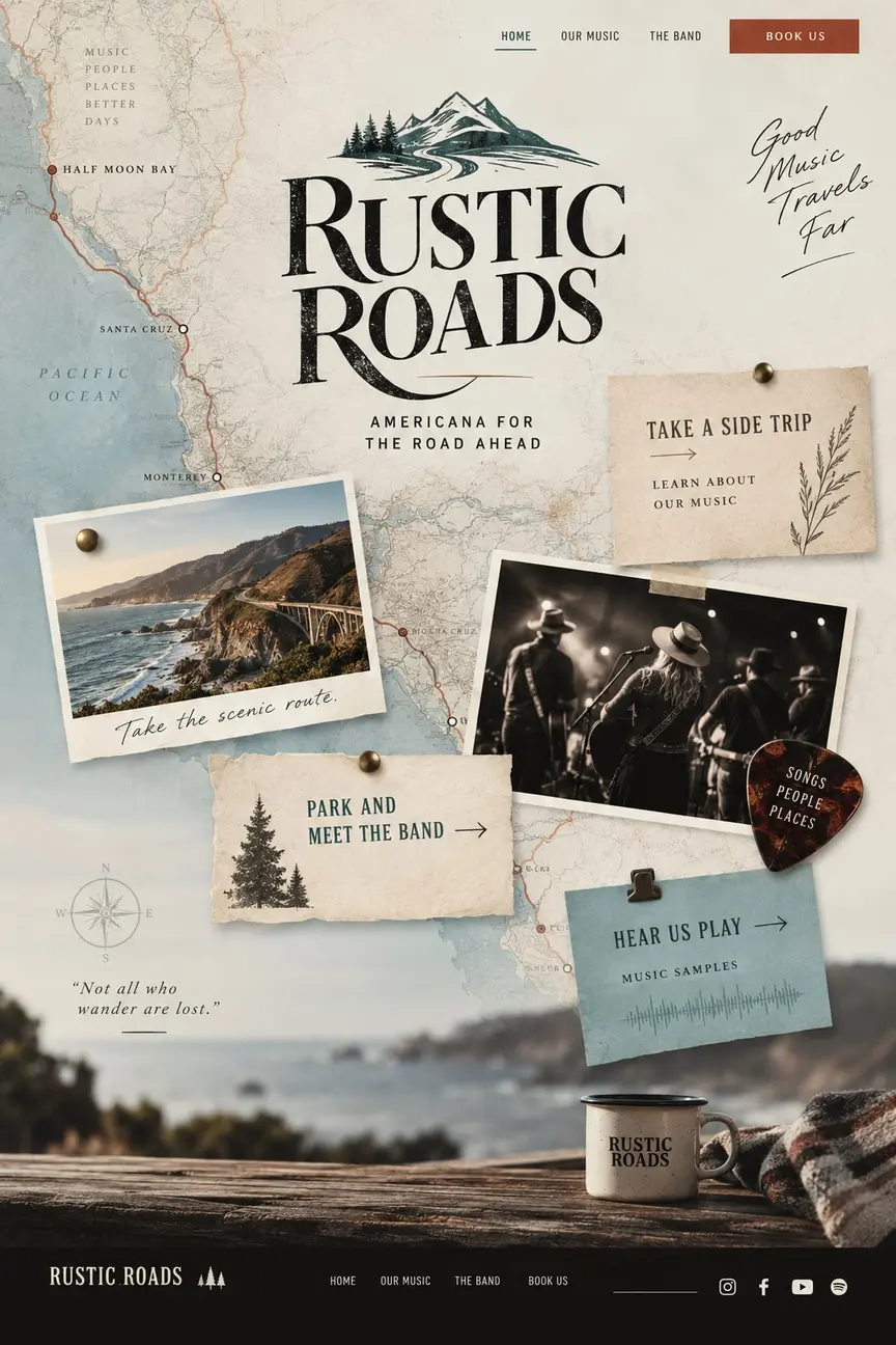 Coastal Americana: the concept mockup for Rustic Roads Band